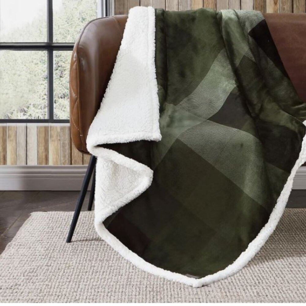 50"x60" Pine Plaid Throw Blanket Green - Eddie Bauer: Soft Fleece, Cozy, Machine